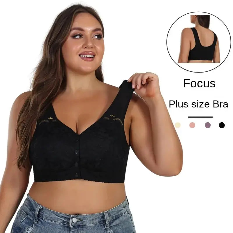 Plus-size black lace front-closure bra, wireless and comfortable fit