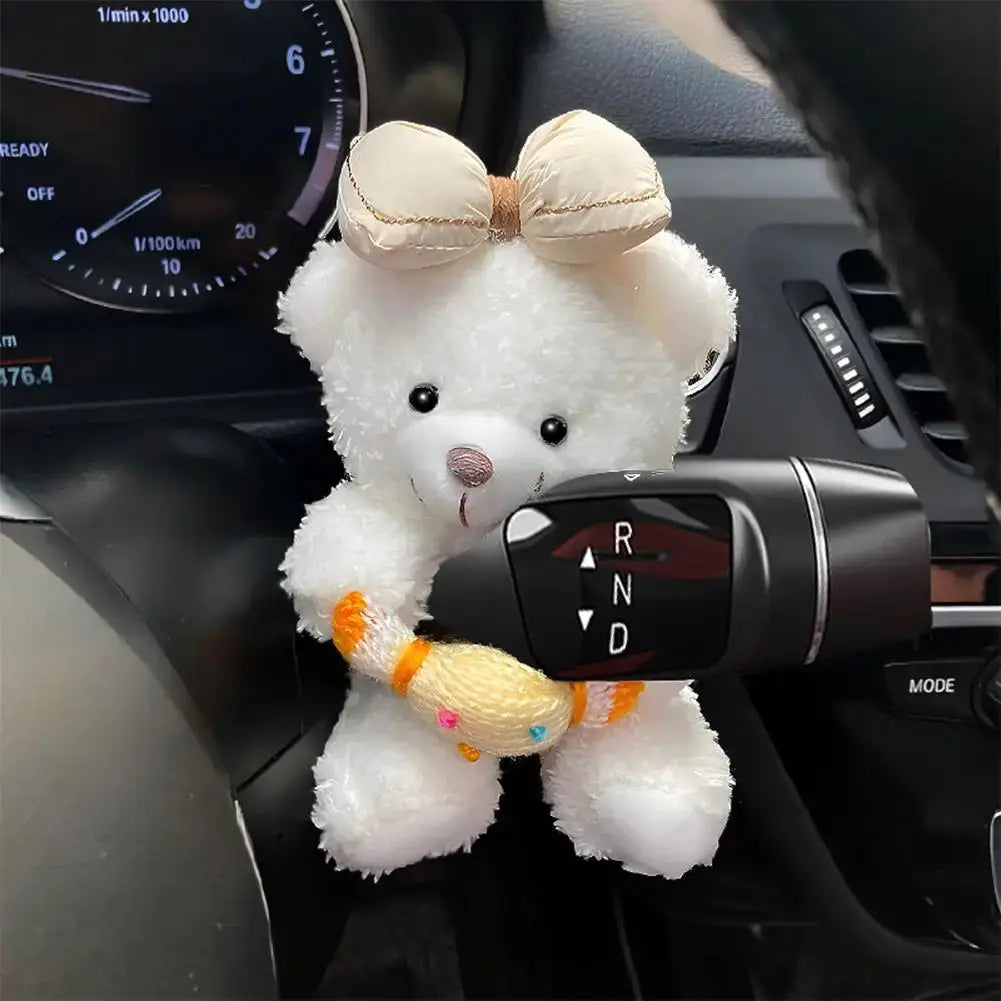 Pilot Bear plush car gear shift ornament by Simples Market in white with beige bow