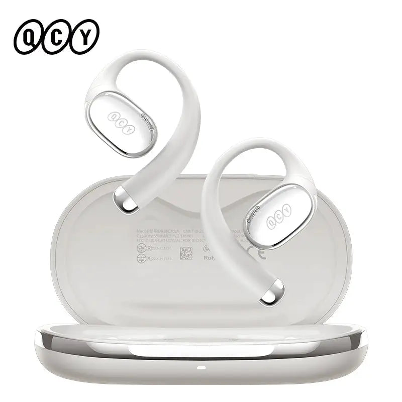 QCY Crossky R70 open-ear wireless headphones, white, charging case included.