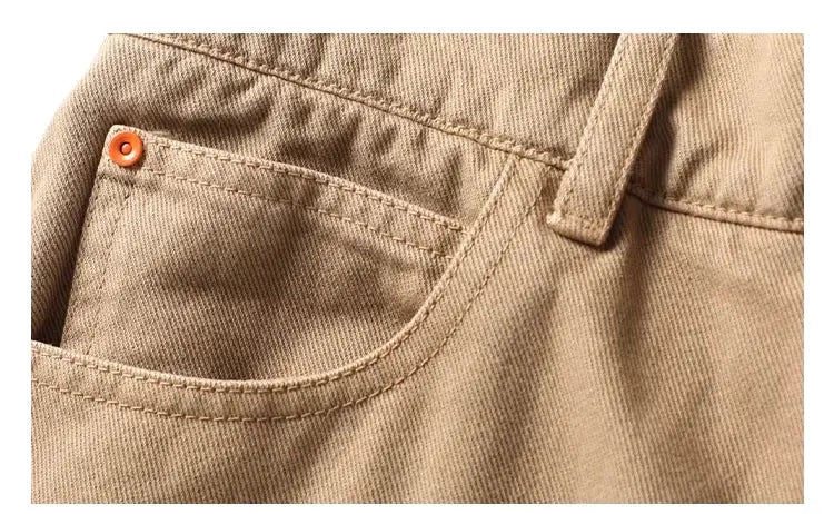 Simples Market tan cargo pants for men; khaki fabric, straight-leg casual trousers with front pocket rivet detail
