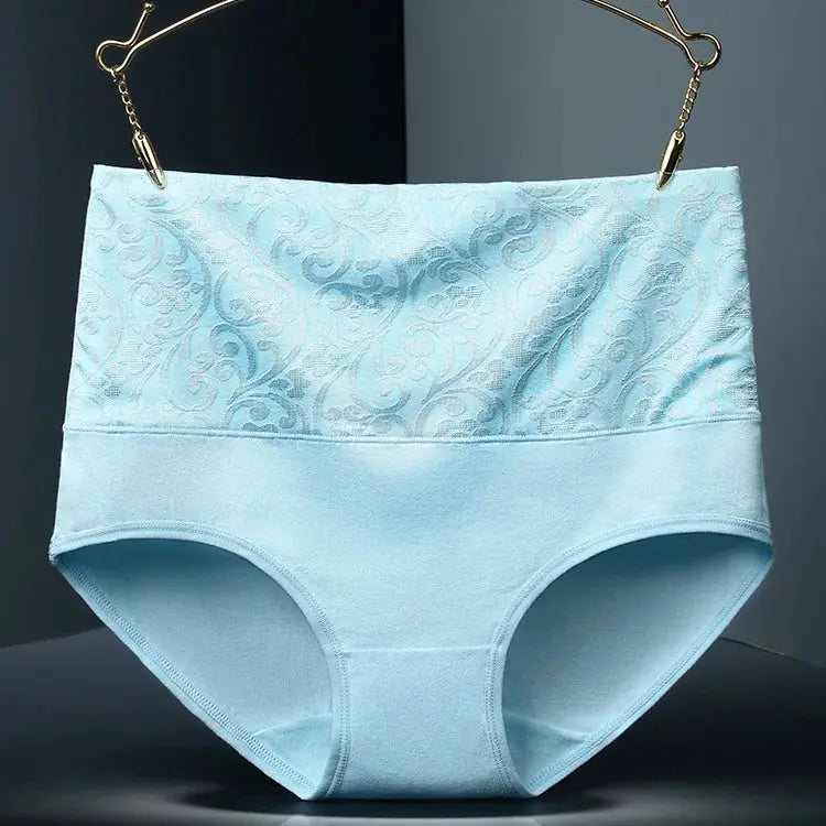 Simples Market plus-size high-waist cotton panties for women, light blue with lace-patterned top panel