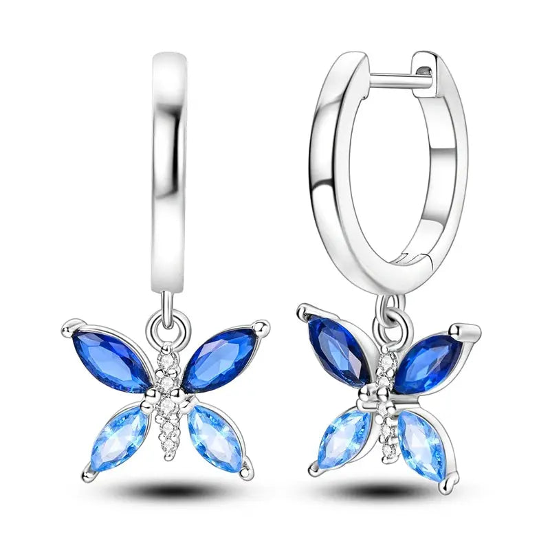 Original 925 Sterling Silver Blue Zirconium Butterfly Hoop Earrings For Women Colored Fine Jewelry Party Earrings