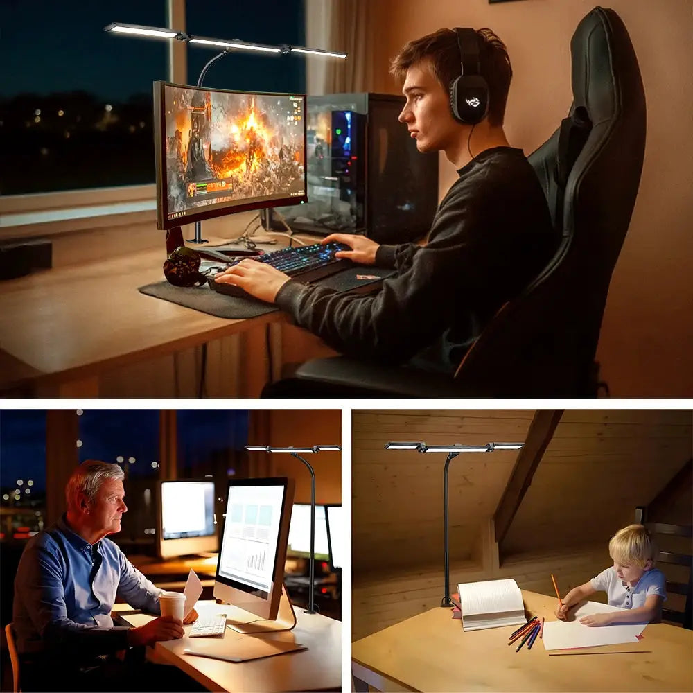 Eye-care LED clip-on metal desk lamp with adjustable head; 3 color options and 10 brightness levels, shown in setups.