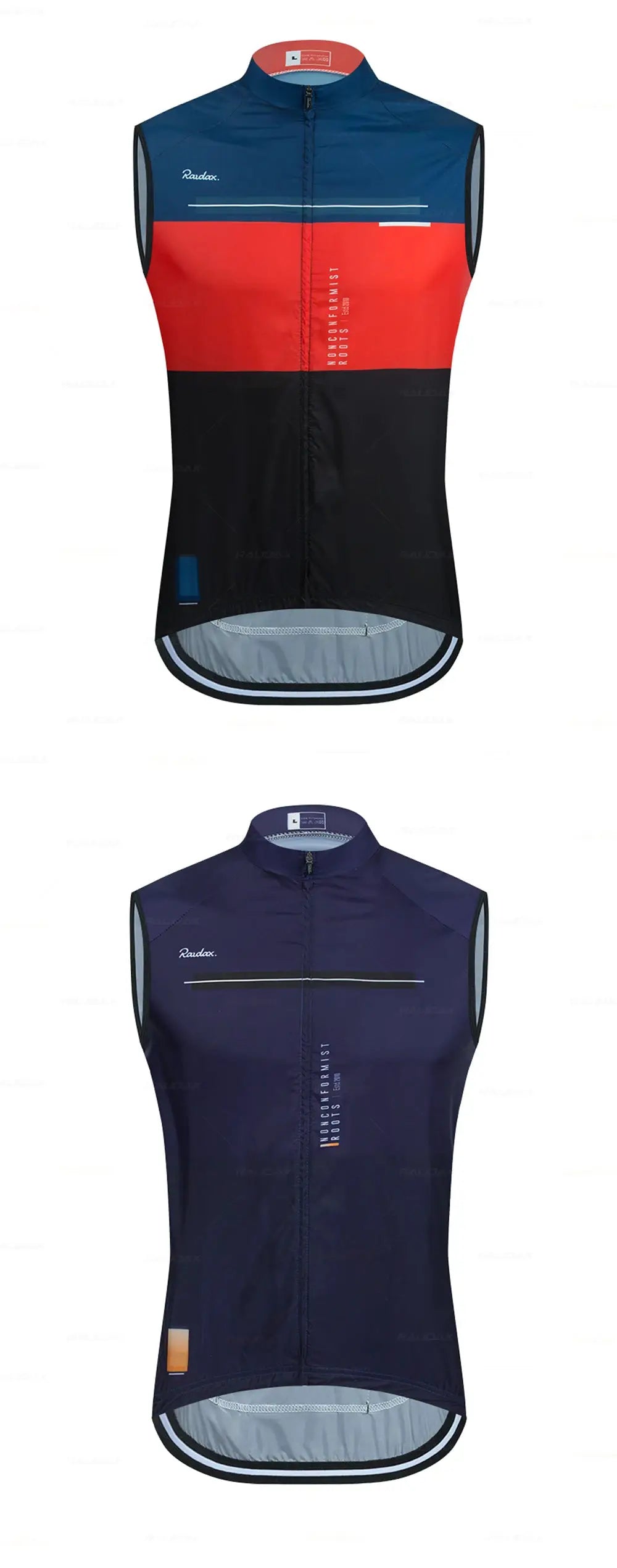 Men Raudax sleeveless cycling vests; brand logo, color-block navy/red and navy/orange, windproof mesh with front zip.