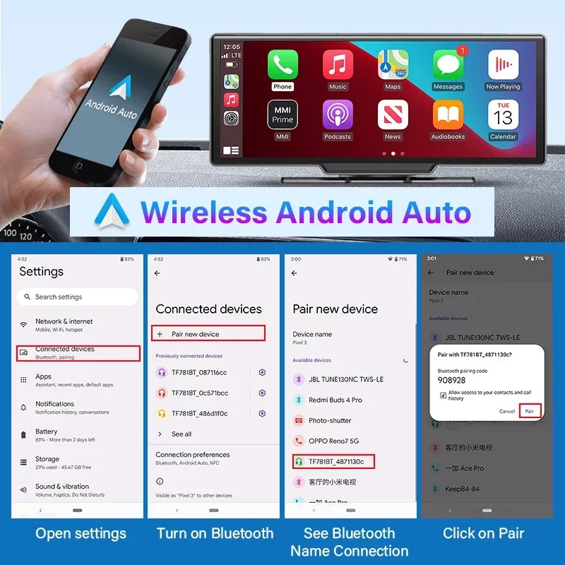 10.26 Inch Dash Cam Mirror 4K Player Wireless CarPlay Android Auto GPS