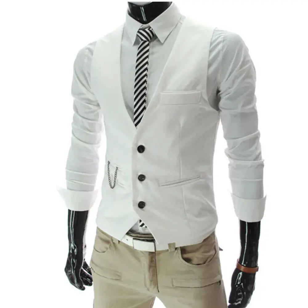 Men's white dress vest 7XL with 3-button front and chain pocket detail