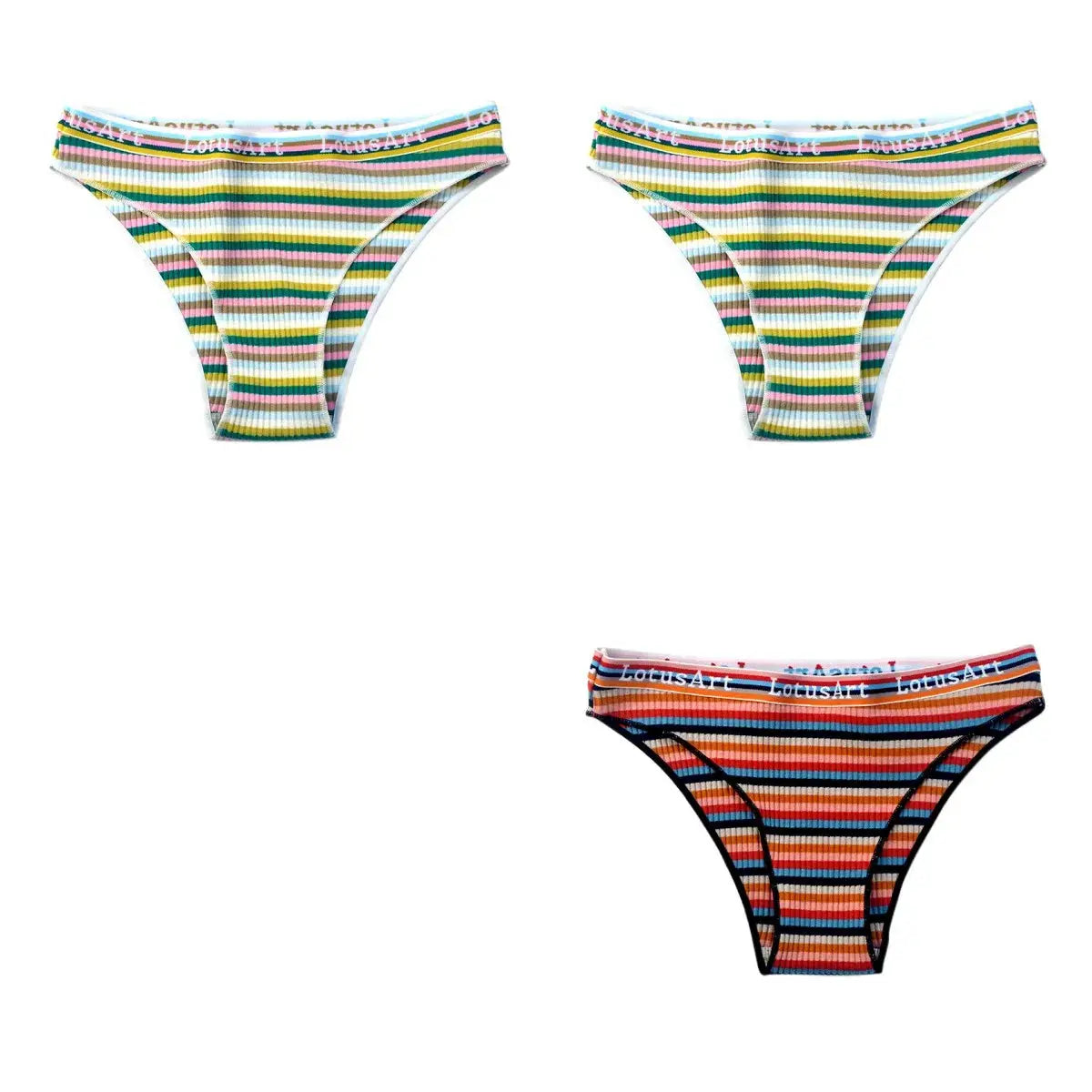 3-piece cotton panties set for women; breathable colorful striped low-rise briefs with LotusArt waistband