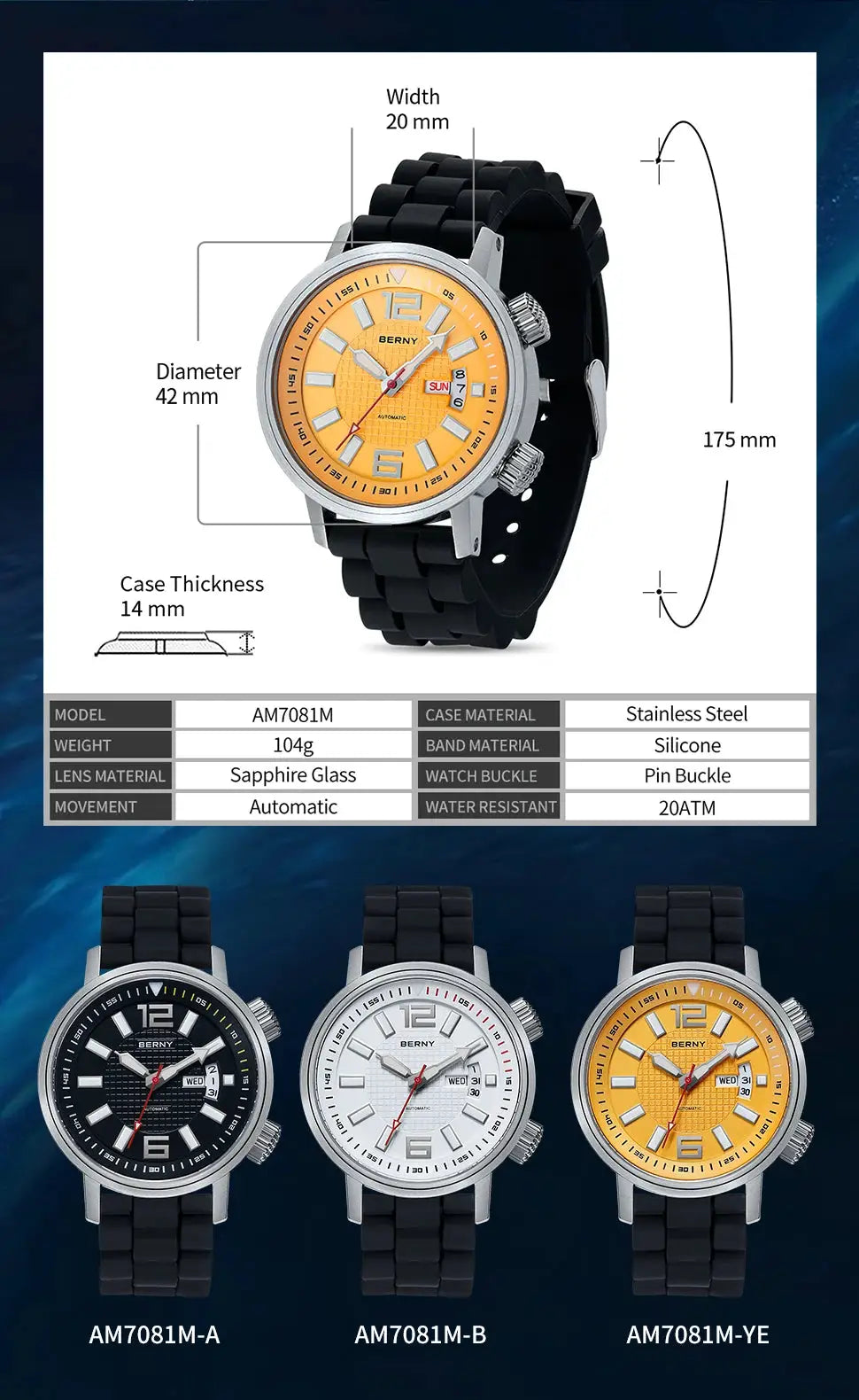 BERNY 20ATM diver automatic men's watch with orange dial, stainless steel case, silicone strap