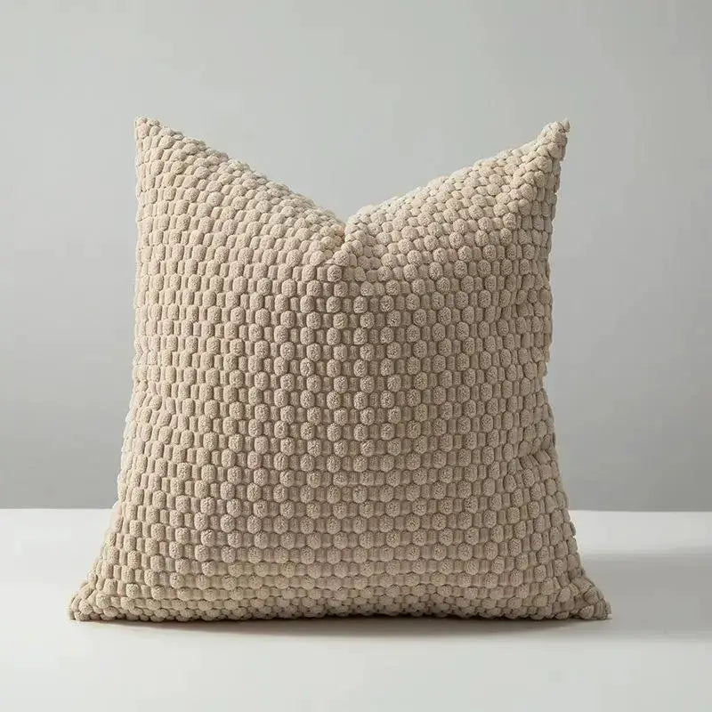 Cushion cover: beige soft-velvet with chunky boucle, double-sided design