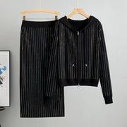 Two Piece Knit Cardigan And High Waisted Skirt Set With Diamond