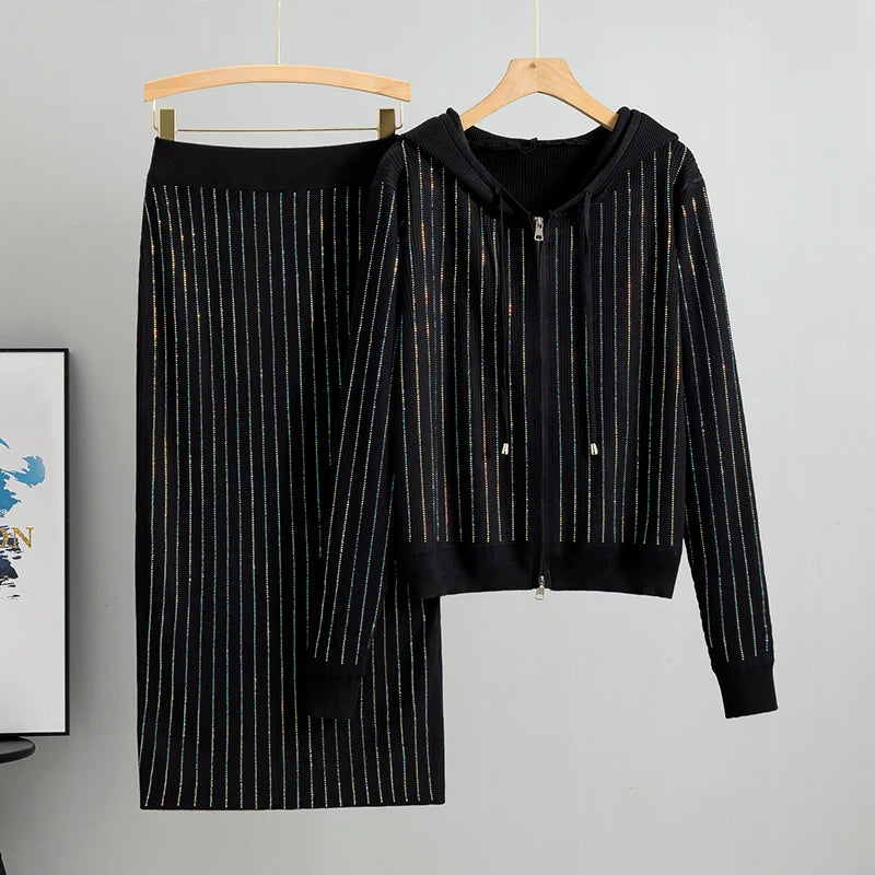 Two Piece Knit Cardigan And High Waisted Skirt Set With Diamond