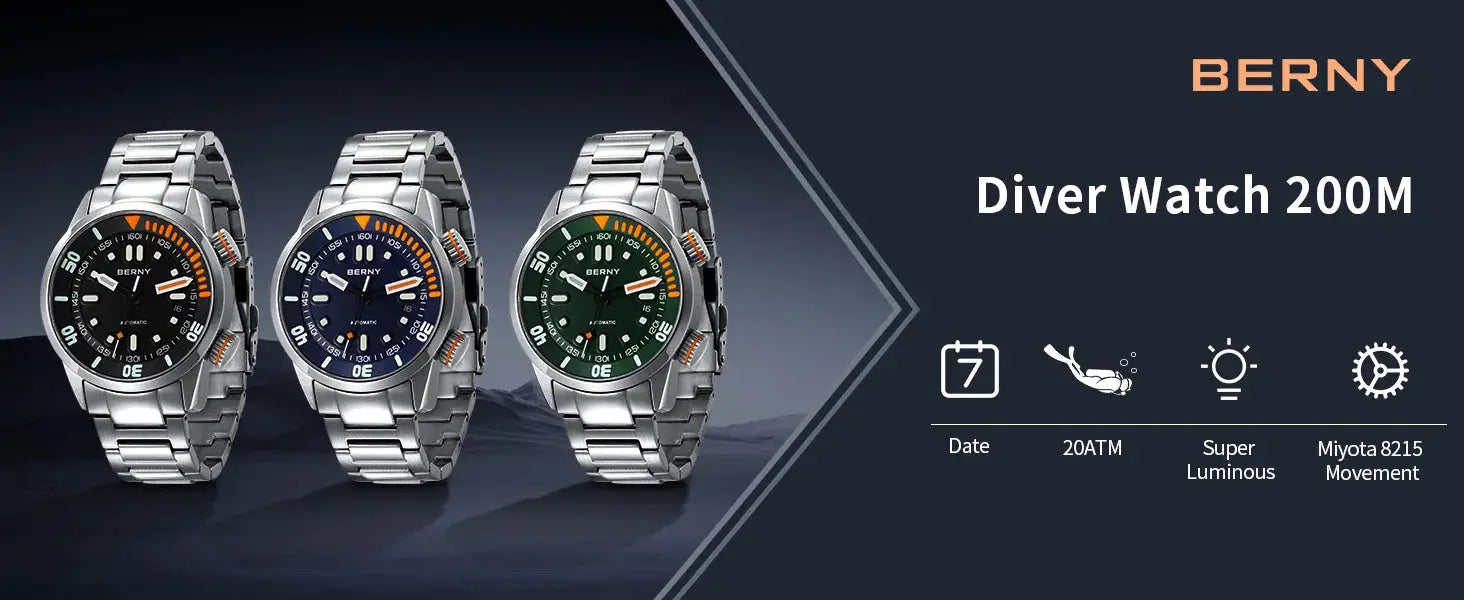 BERNY diver watch set: three stainless steel automatic watches with black, blue, and green dials, 200m water resistance
