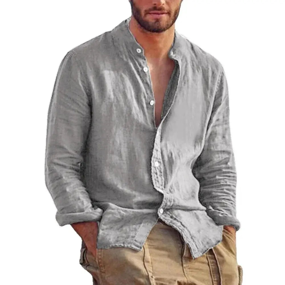 Men's linen long-sleeve shirt in gray with stand collar, casual lightweight breathable top