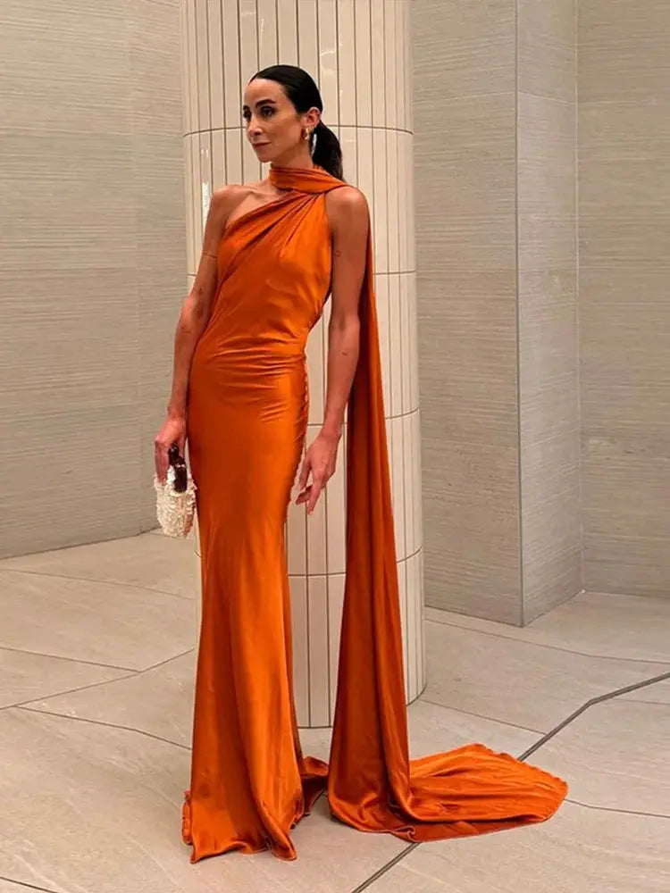 Glamouria Satin Ribbon Party Dress Halter Backless Off Shoulder Sleeveless Gown For Summer Events