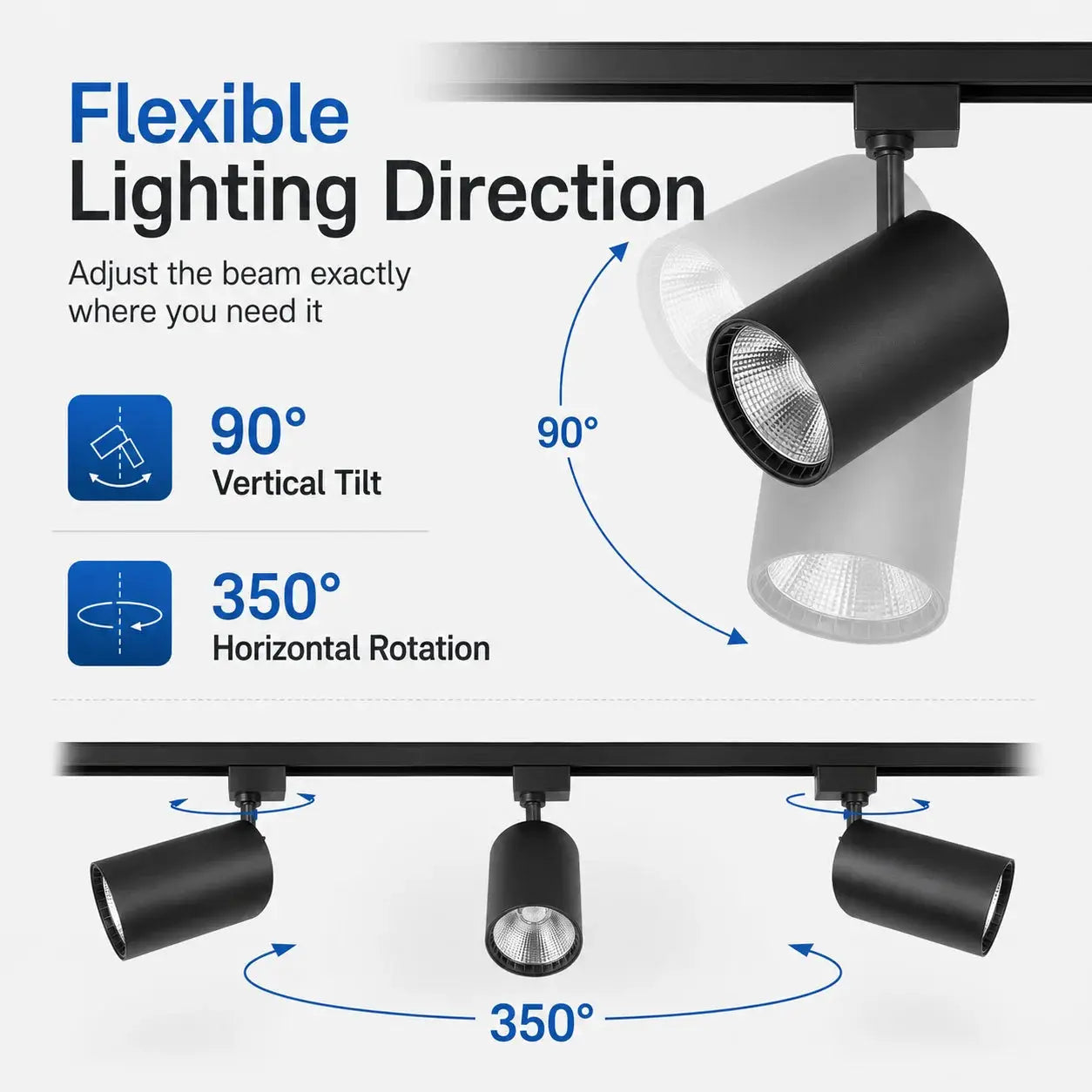 Spot LED track lighting kit with 3 black adjustable spotlights on a rail, 90° tilt and 350° rotation