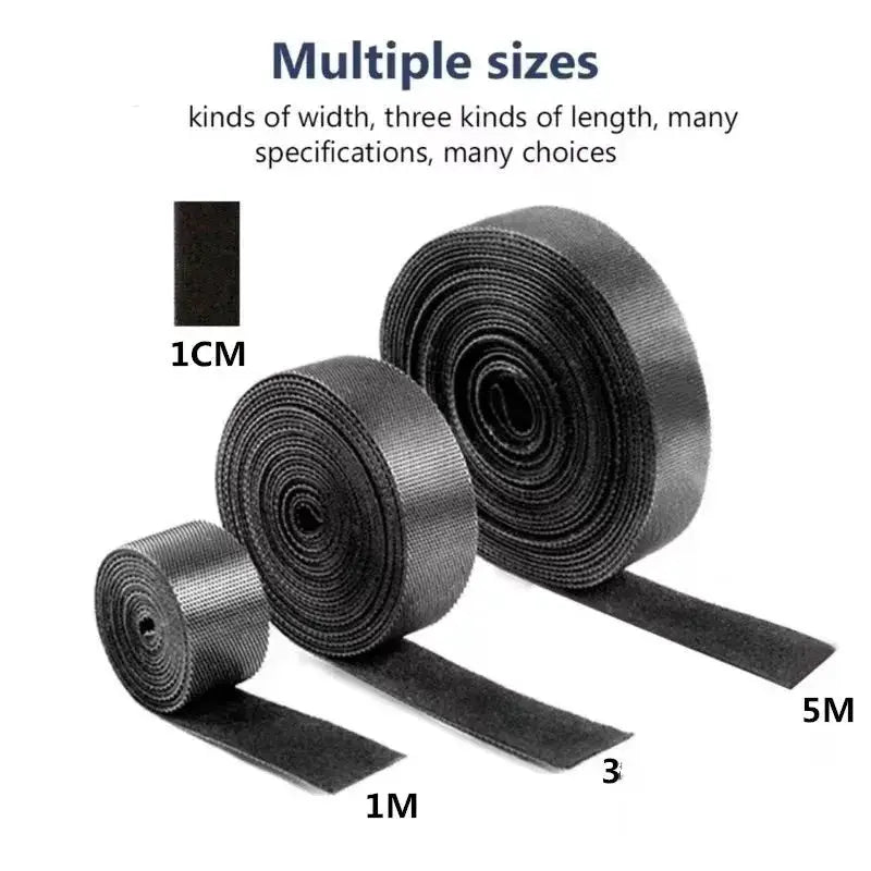 Set of three black cable organizer tapes in 1m, 3m and 5m lengths for cords.