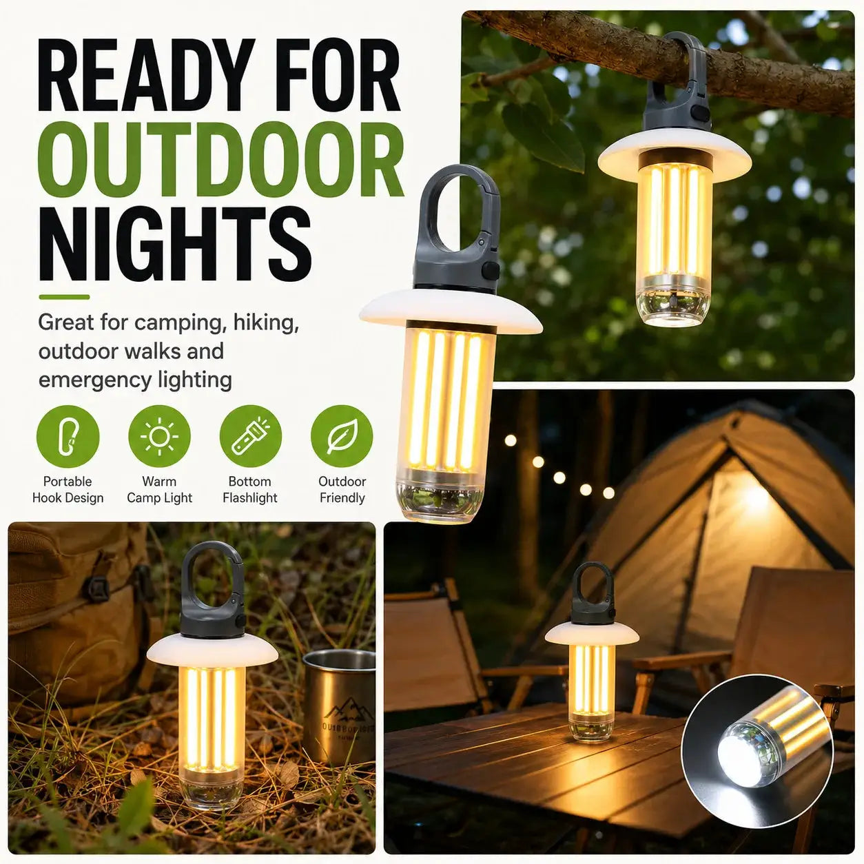 Three LED rechargeable camping lanterns with 5 modes, black hanging design, warm bright light for outdoor camping