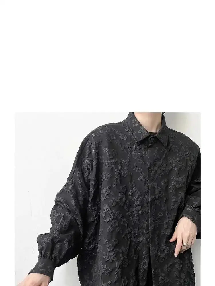 2XL black crinkled jacquard shirt with floral pattern, bat-wing sleeves and turn-down collar