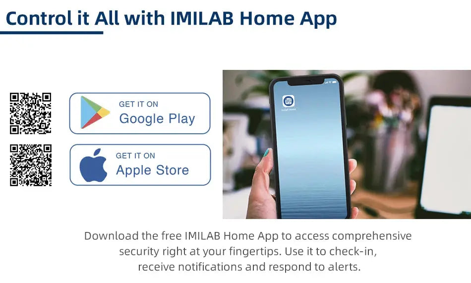 IMILAB EC4 camera promo graphic with Google Play and Apple Store badges, two QR codes, and a hand holding a smartphone.