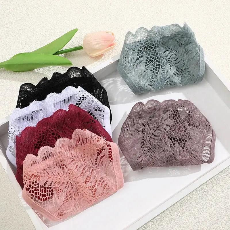 6Pcs lace thong set for women, low-rise, soft floral lace, assorted colors (black/white/burgundy/pink/gray/blue-green)