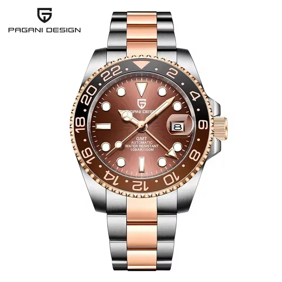 Pagani Design V3 GMT watch with two-tone stainless steel bracelet and brown dial