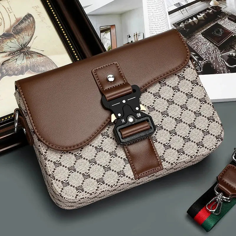 Simples Market crossbody bag with brown leather flap and beige jacquard pattern, waterproof men's sling bag