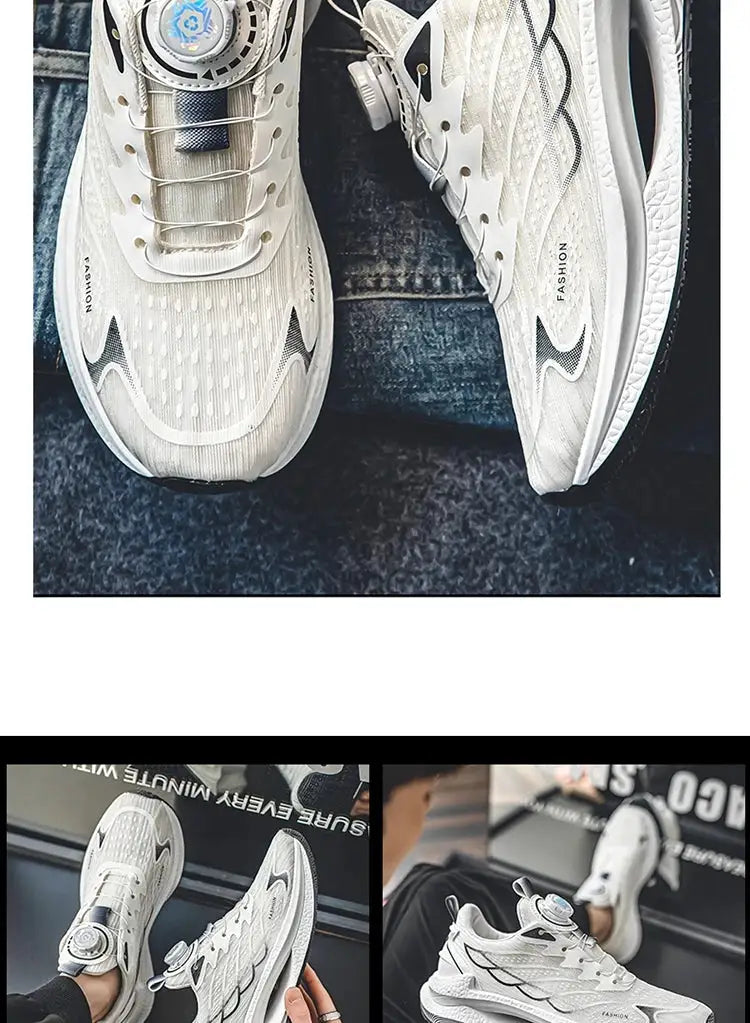 Men's white breathable mesh running shoes with dial closure for casual outdoor wear