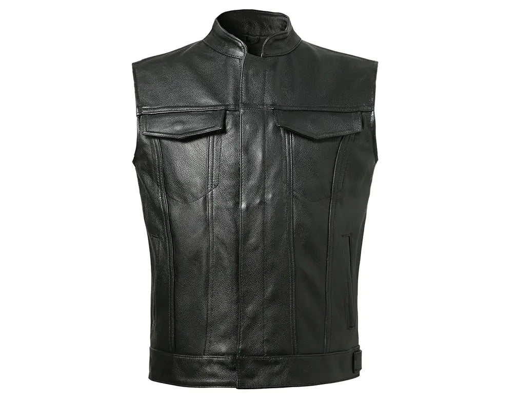 Men's faux leather waistcoat with stand collar, black biker vest with chest pockets