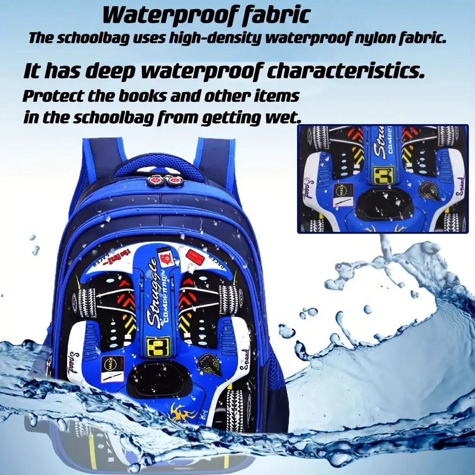 Waterproof lightweight 3D car backpack for kids, blue school bag with front racing-car graphic.