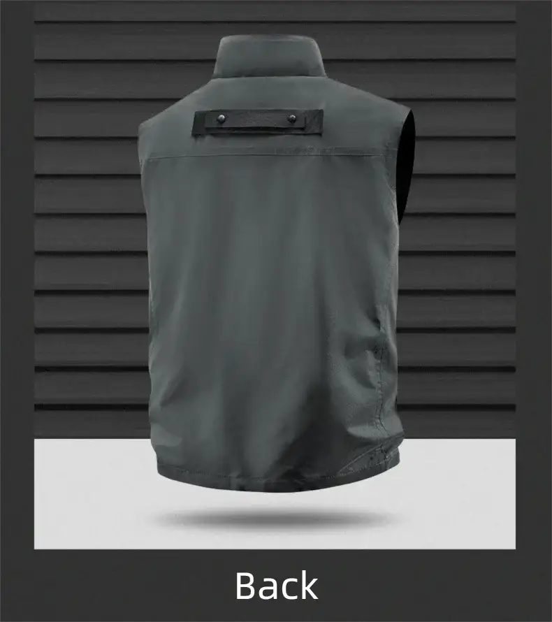 Men's outdoor vest in gray with vertical collar, breathable quick-dry fabric back view