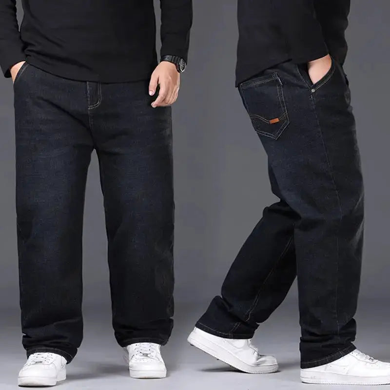 Men's oversized black denim jeans, high waist and loose fit; plus-size denim pants