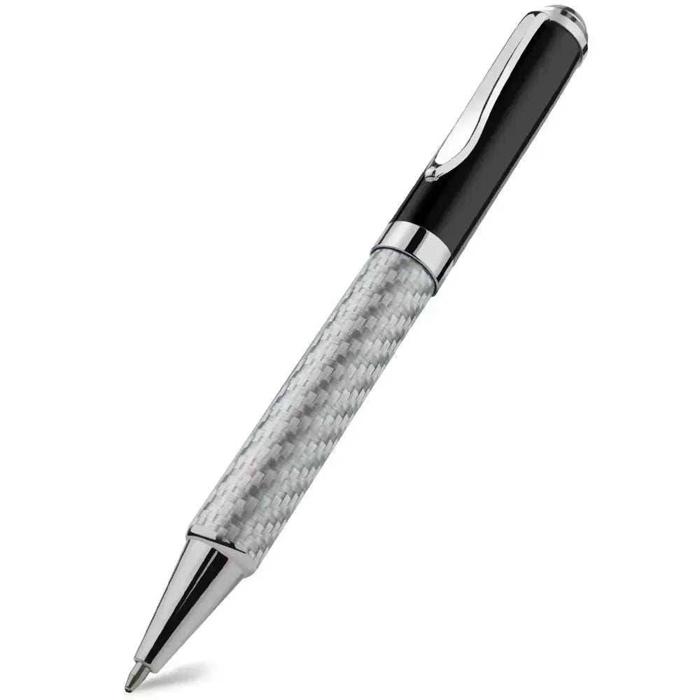 Simples Market carbon fiber signature pen with black cap and silver accents, 0.5mm gel ink.