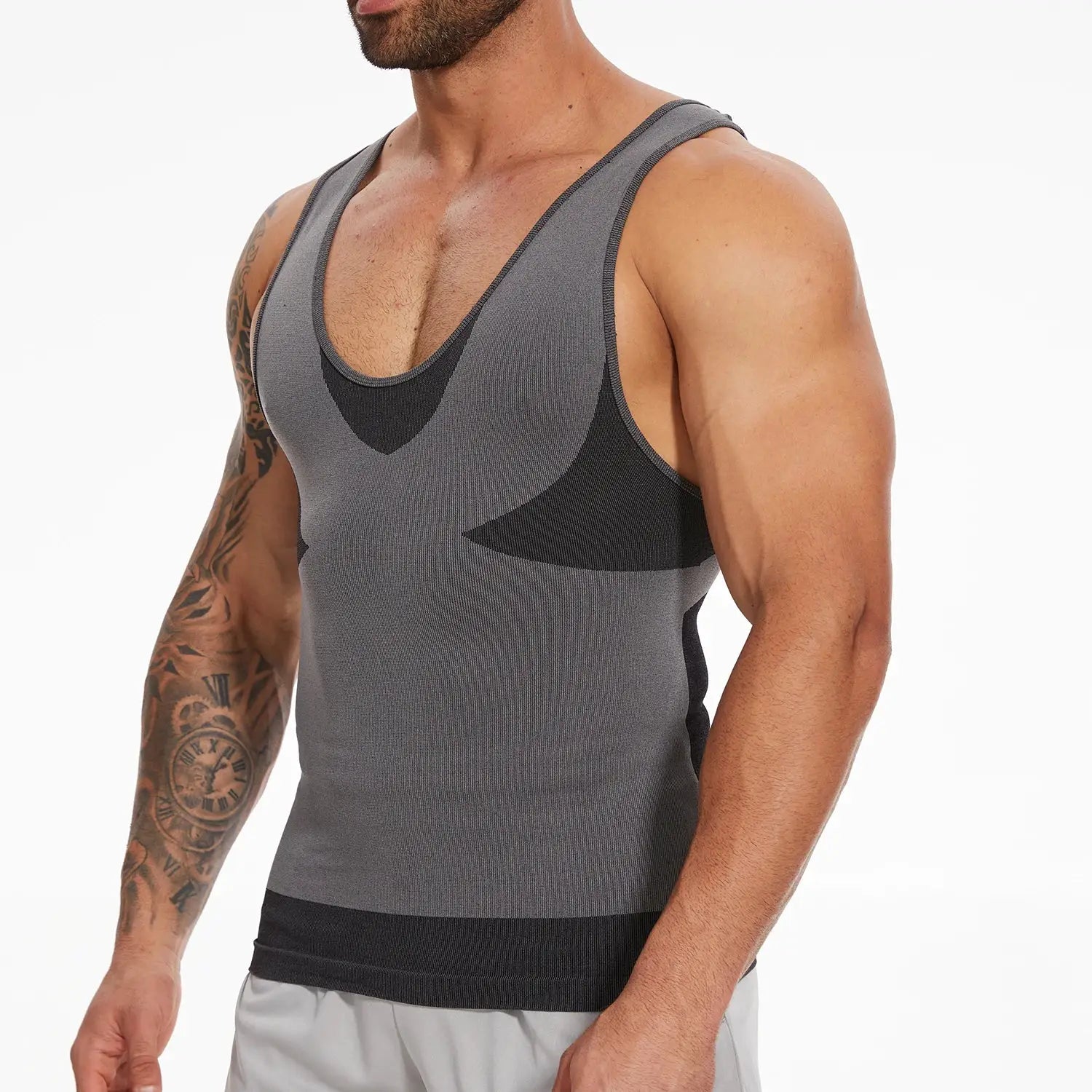 Men's shapewear tank top by Simples Market, gray with black panel accents, cross-elastic compression.