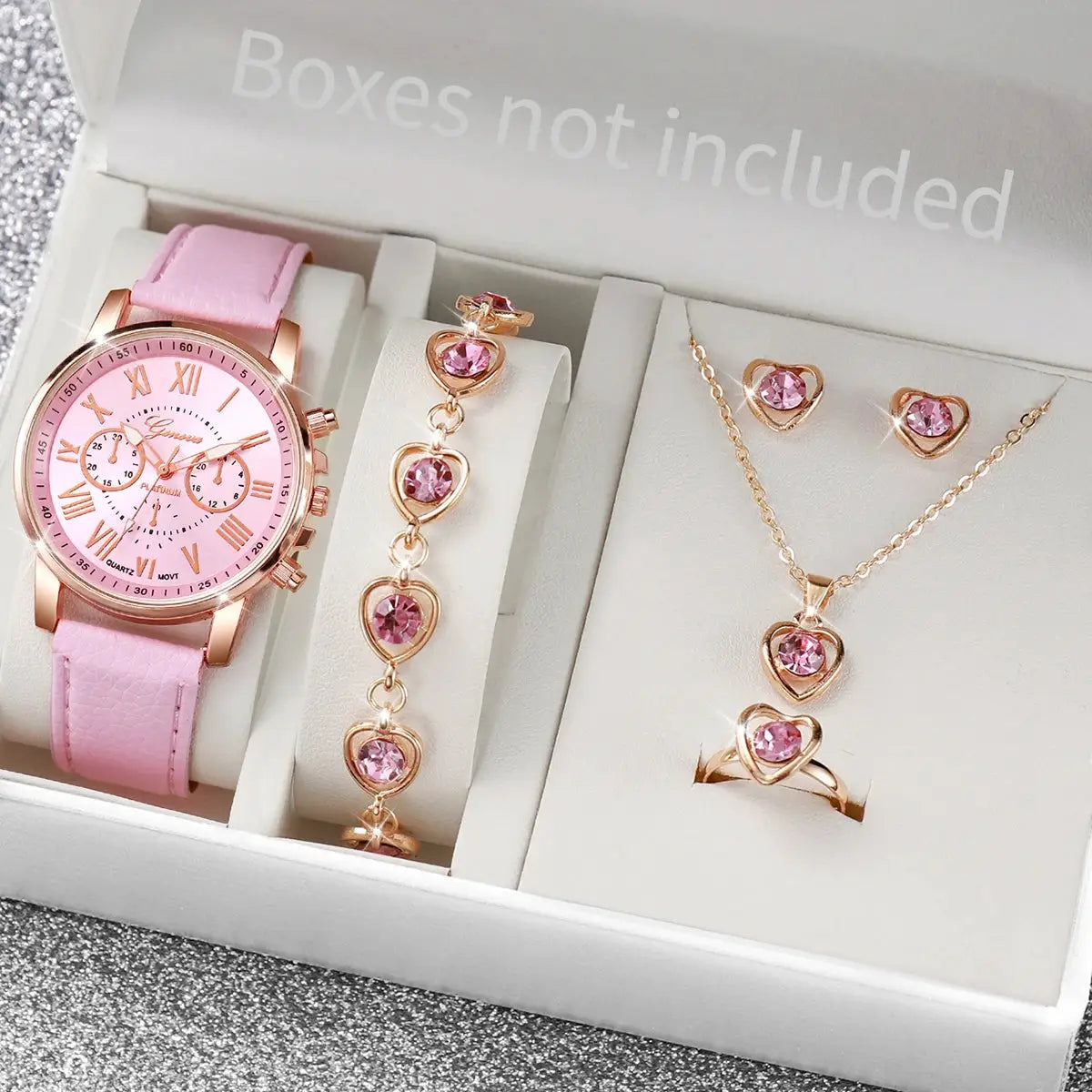 AuroraTime Womens Quartz Watch Leather Band Jewelry Set Heart Rhinestones Accent Analog Roman Numerals