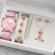 AuroraTime Womens Quartz Watch Leather Band Jewelry Set Heart Rhinestones Accent Analog Roman Numerals