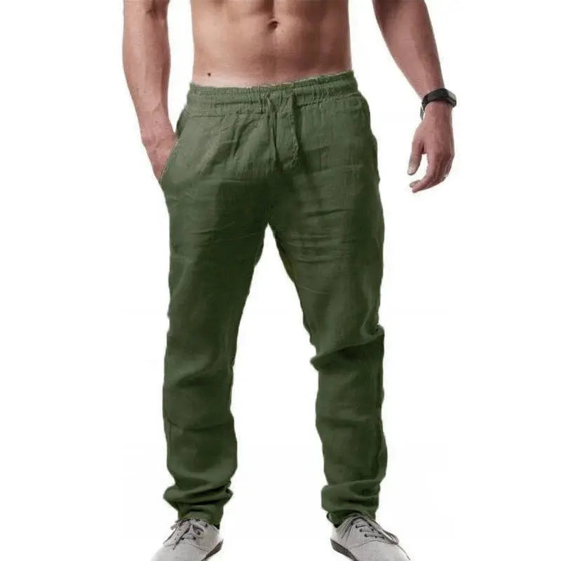 Men's olive green casual pants with drawstring waist and tapered legs