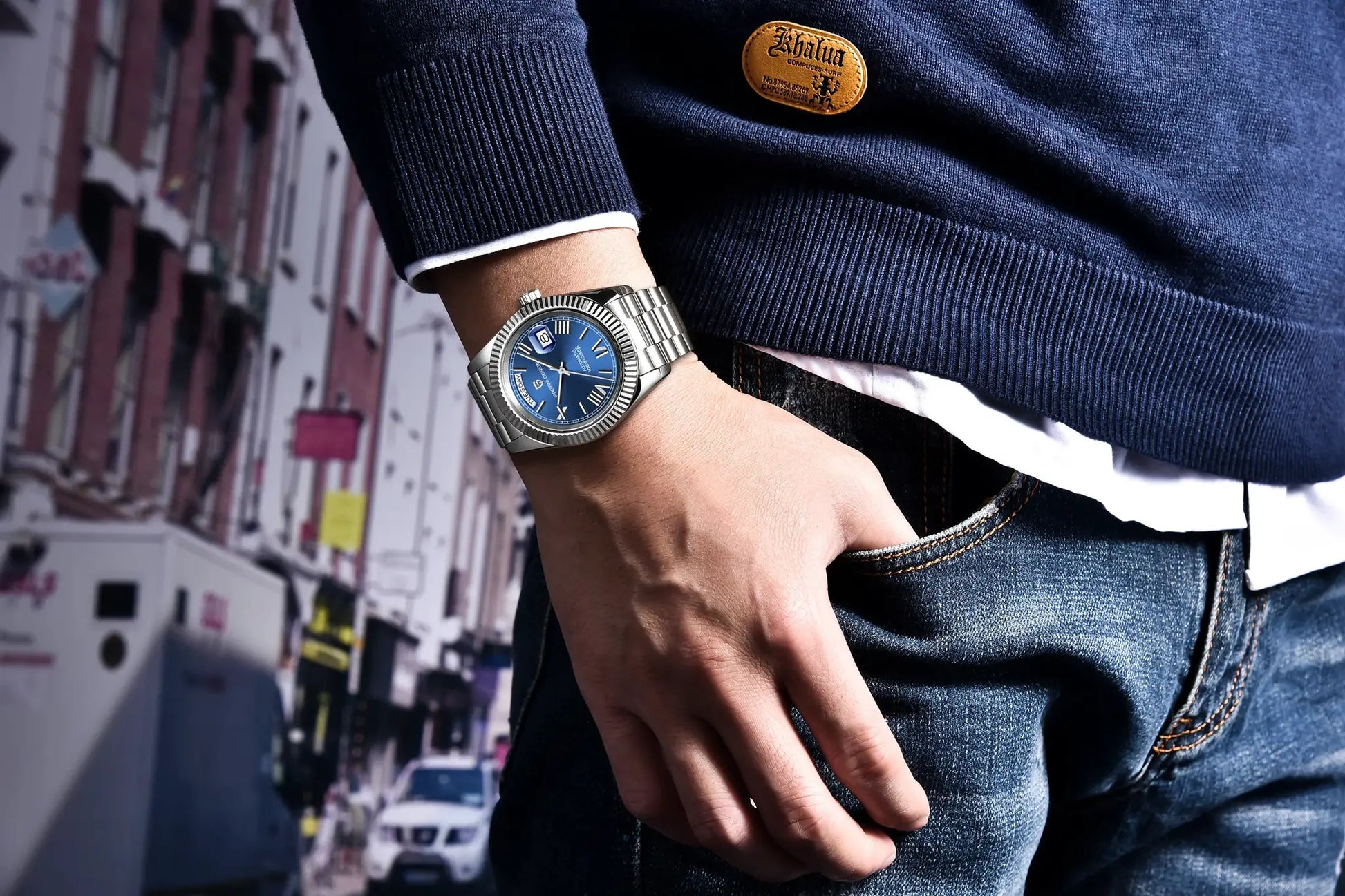 Pagani Design DD40 men's watch with blue dial and silver stainless steel band