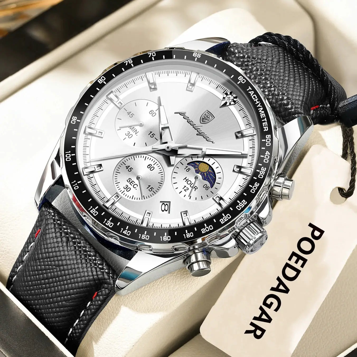 POEDAGAR men's chronograph wristwatch with silver dial and black leather strap