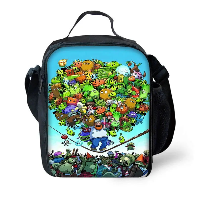 School backpack with vibrant zombie cartoon print on blue front panel, black bag by Simples Market