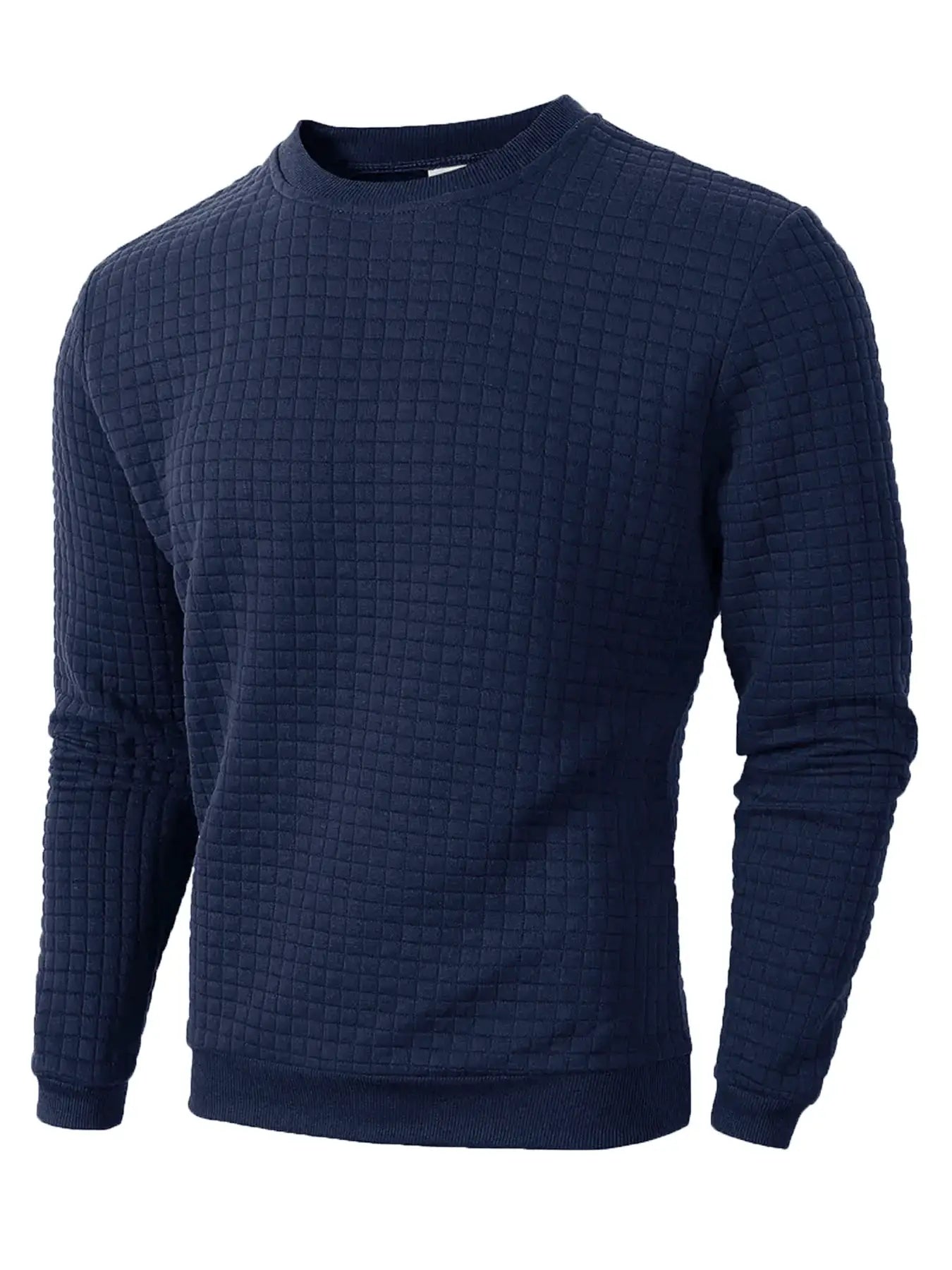 Men's navy quilted jacquard-check pullover sweater, crew-neck, long sleeves by Simples Market