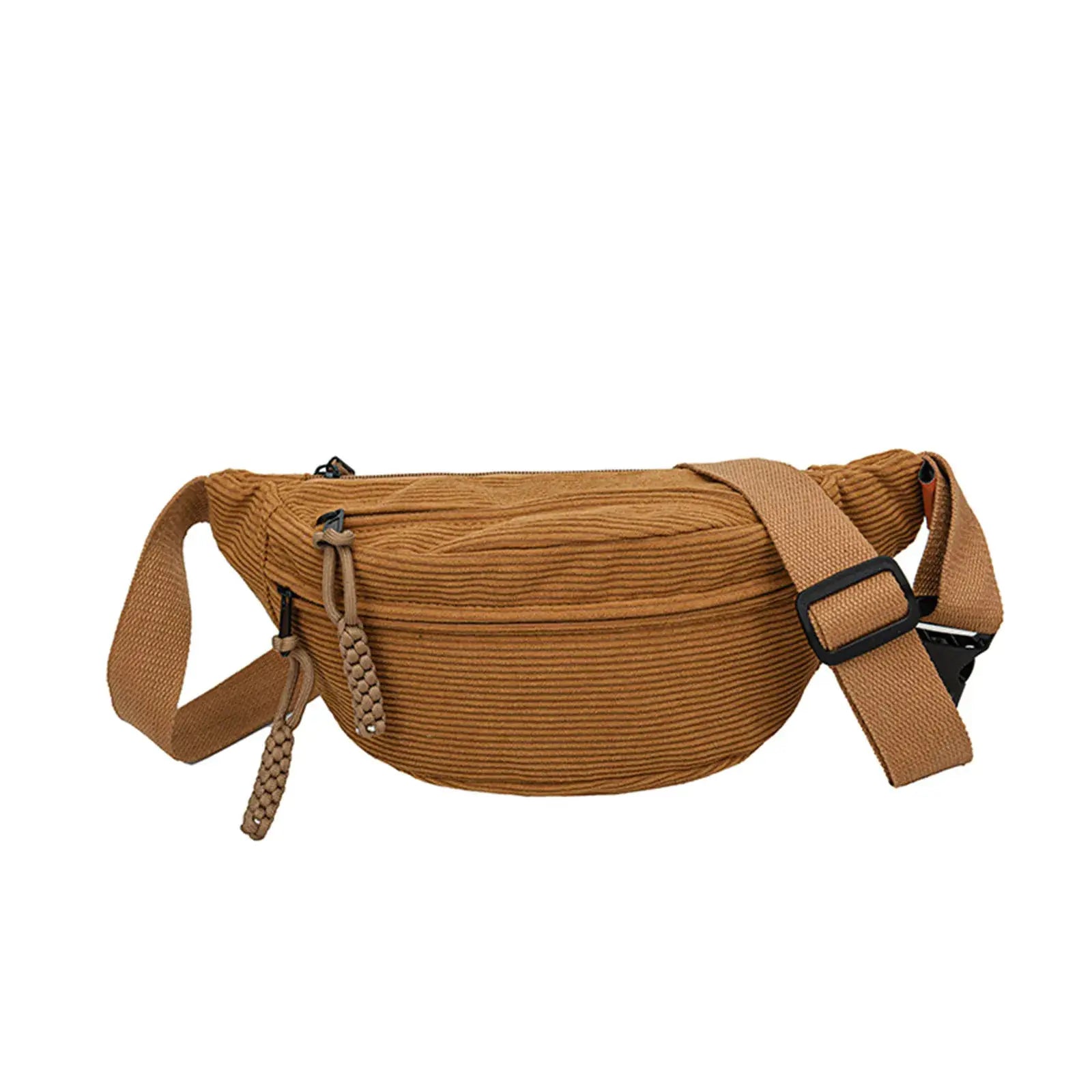 Corduroy belt bag by Simples Market in tan brown with an adjustable crossbody strap