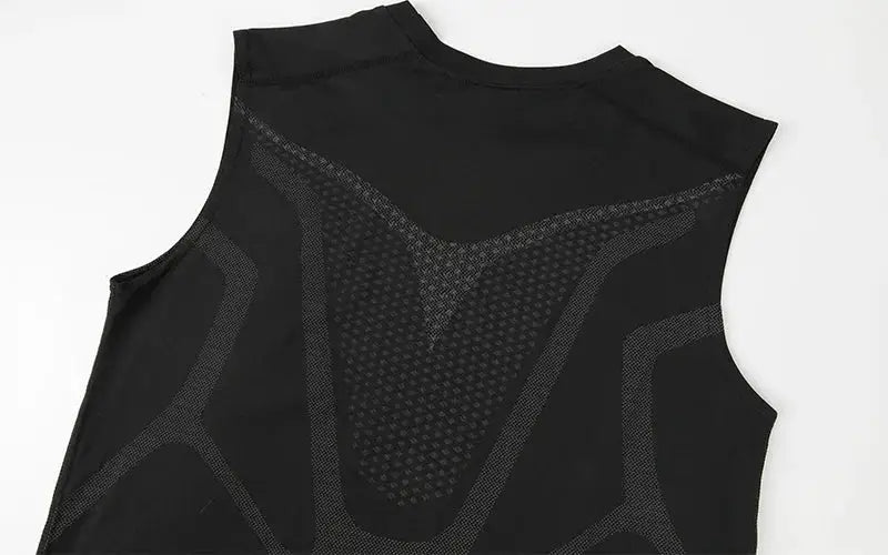 Men's black shapewear compression vest sleeveless with mesh panels and round neck.