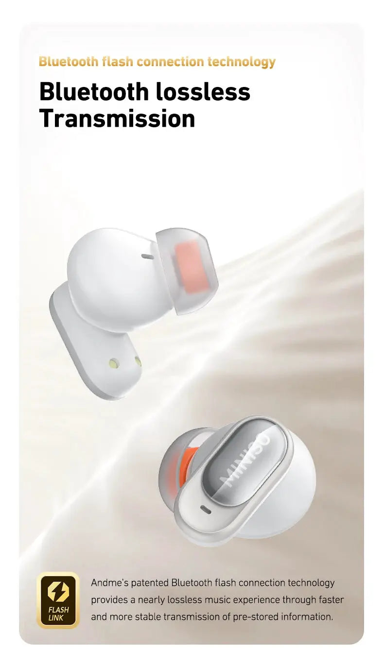 MINISO MS105 wireless in-ear Bluetooth earbuds, white with orange silicone tips, with charging case