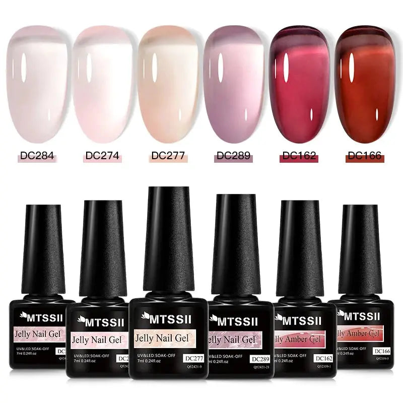 MTSSII Jelly Nail Gel 6‑piece set featuring pastel jelly pinks to red hues in six black bottles