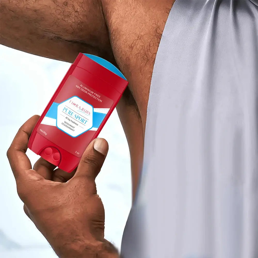 Aluminum-free men's deodorant in red container with blue cap, sandalwood cedarwood scent, 3 oz