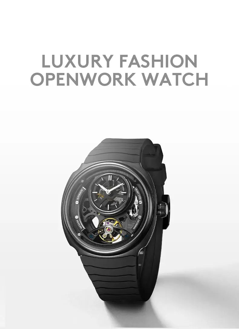 Daniel Gorman men's automatic openwork skeleton watch with black silicone strap and 5 ATM water resistance