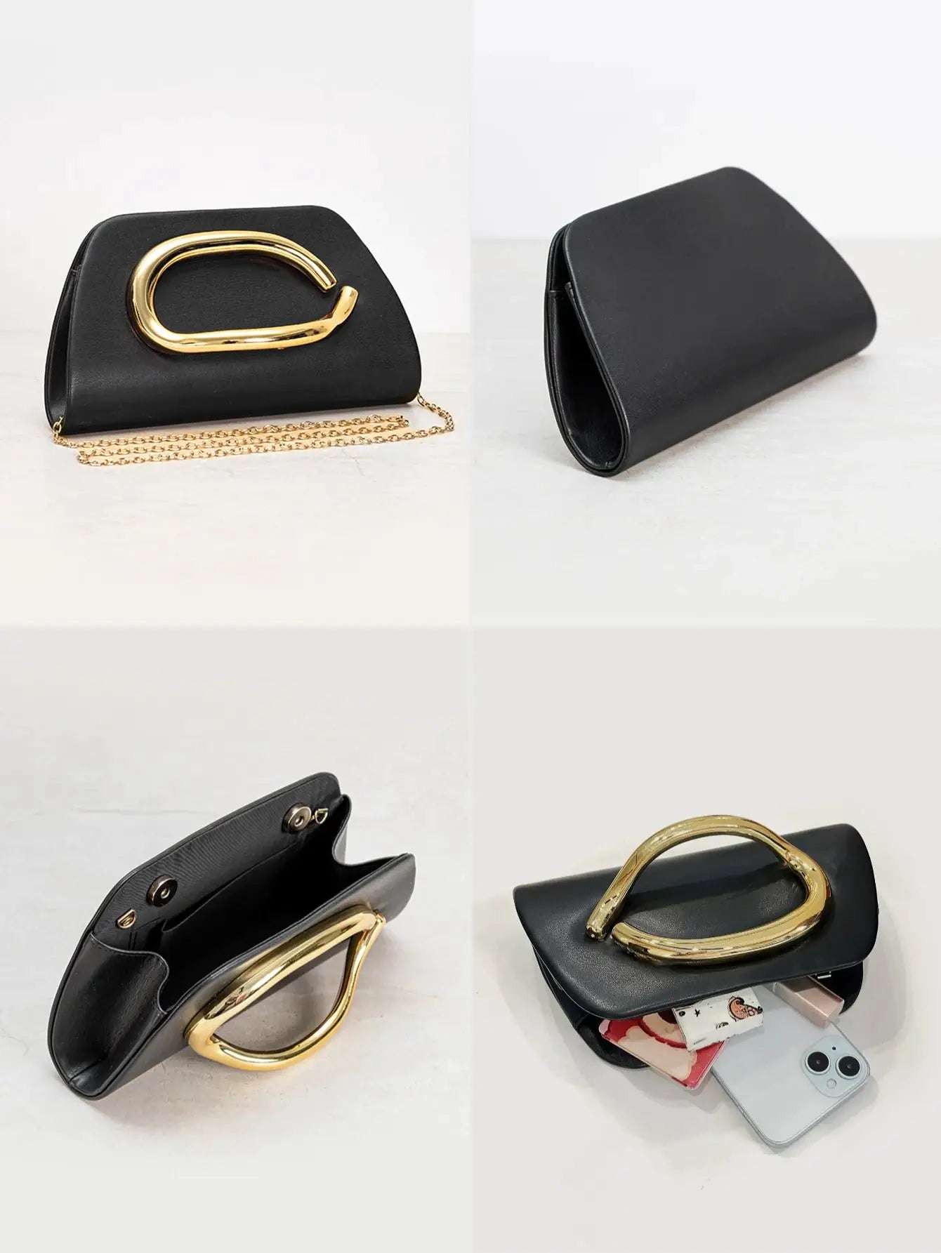 Black box clutch with oversized gold-tone buckle and chain crossbody strap by Simples Market