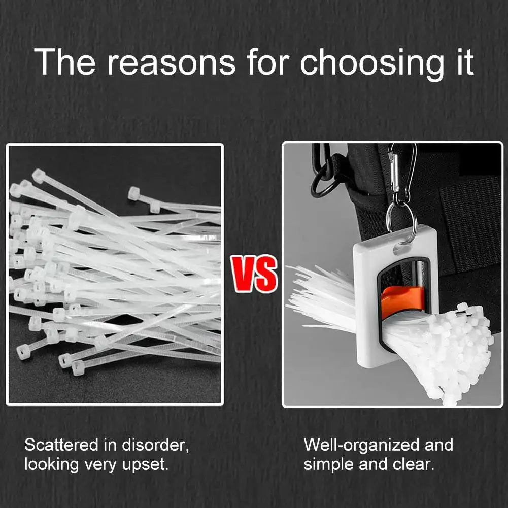Square cable tie organizer in white plastic with orange insert; shows tangled clear ties vs neat storage.