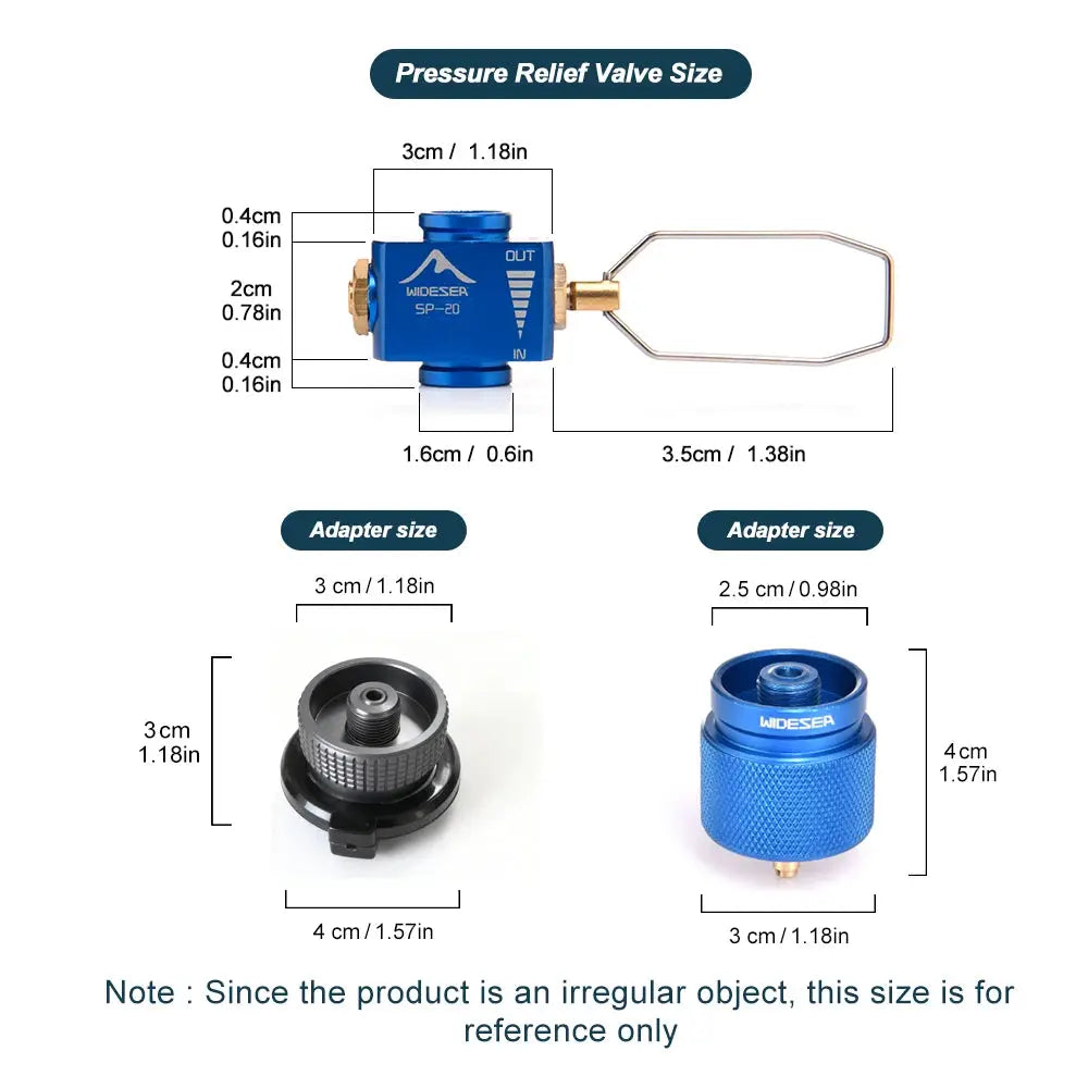 Widesea blue camping stove propane refill adapter with brass fittings and metal loop handle; shown with black and blue adapters
