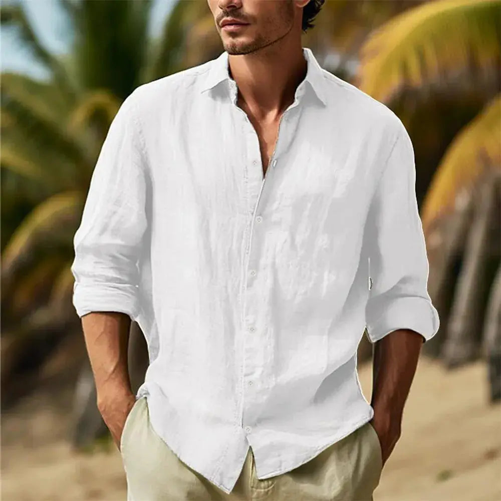 Men's white cotton-linen shirt with turn-down collar, lightweight breathable casual beachwear